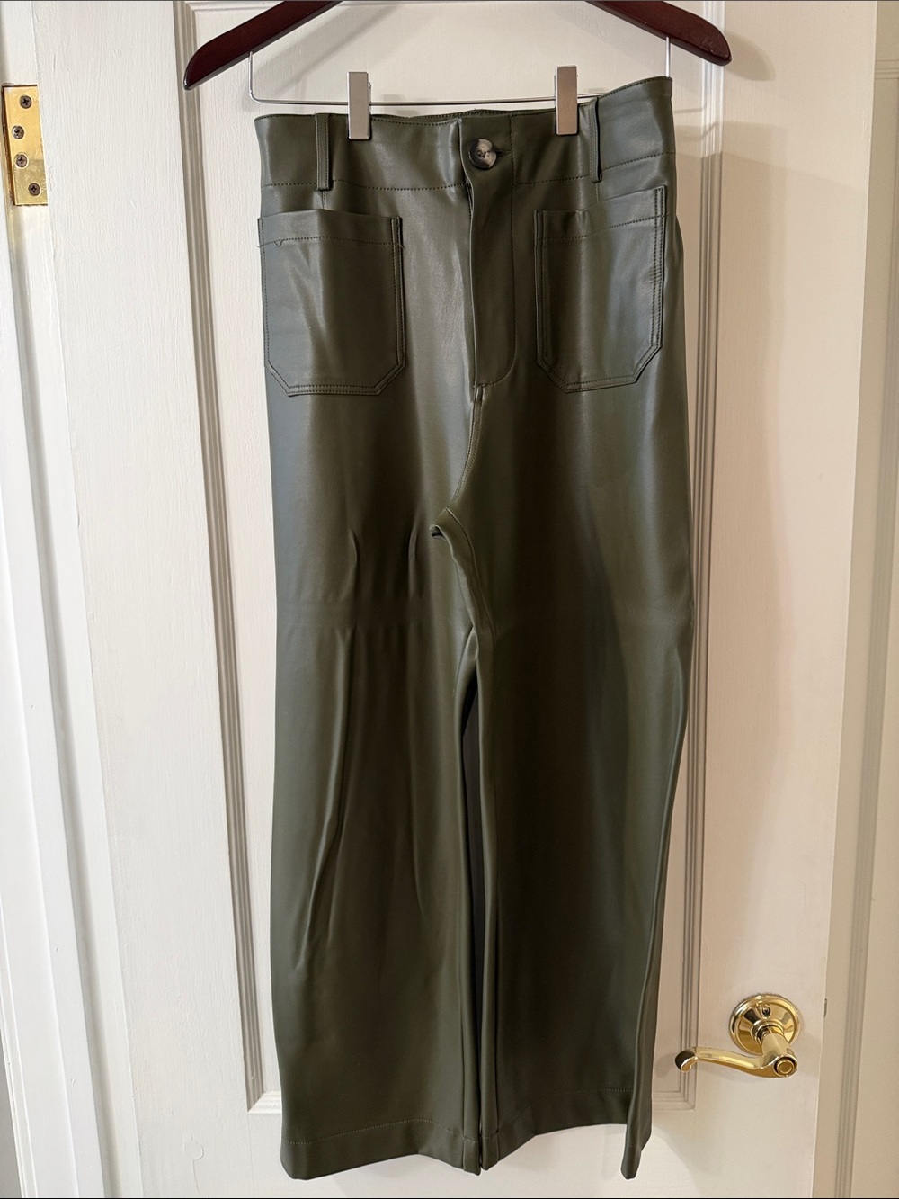 Olive Green Faux Leather Wide-Leg Pants